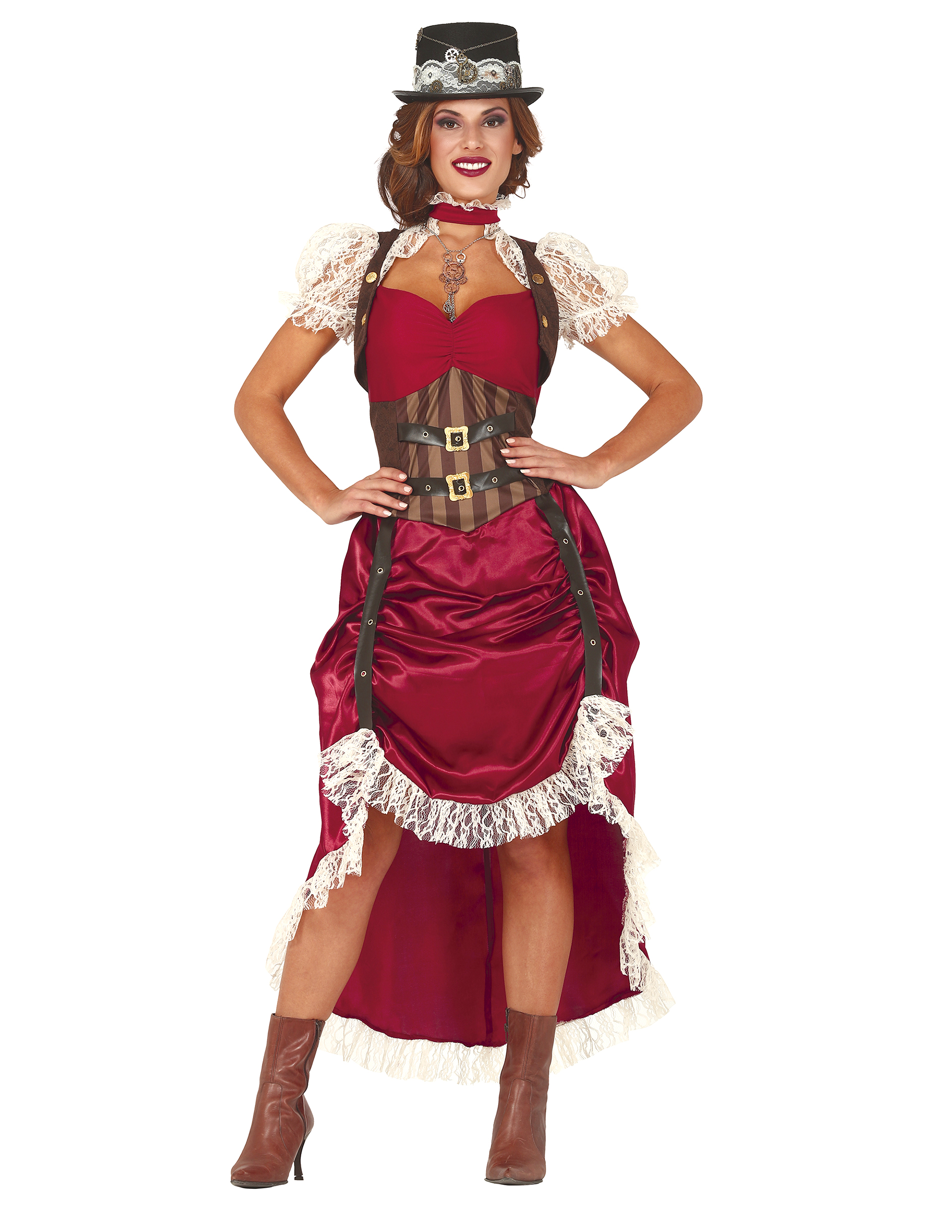 Steampunk-Kostüm für Damen Saloon-Dame Steampunk-Kleid rot-braun-weiss