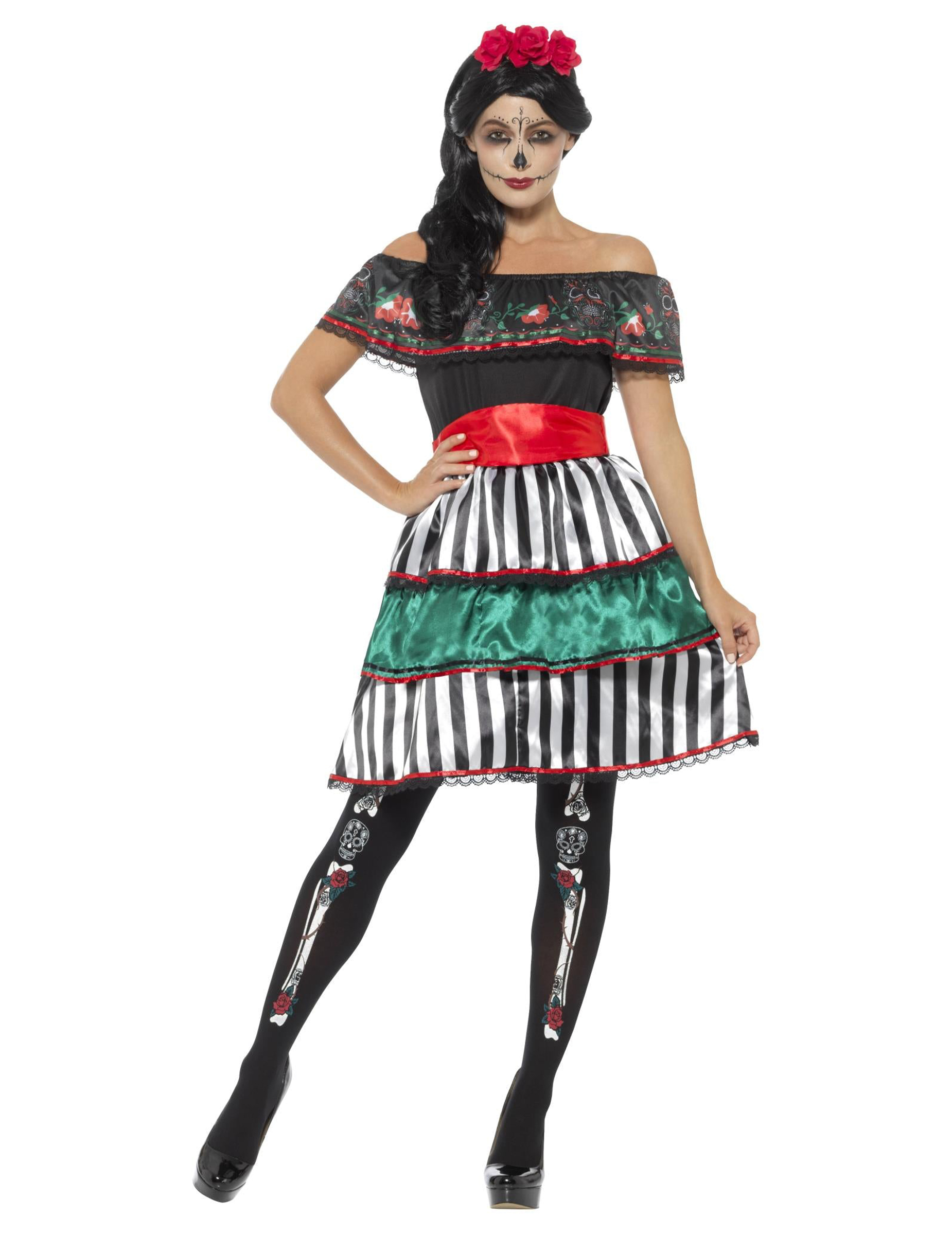 Tag-der-Toten-Kleid für Damen mit Carmen-Ausschnitt bunt