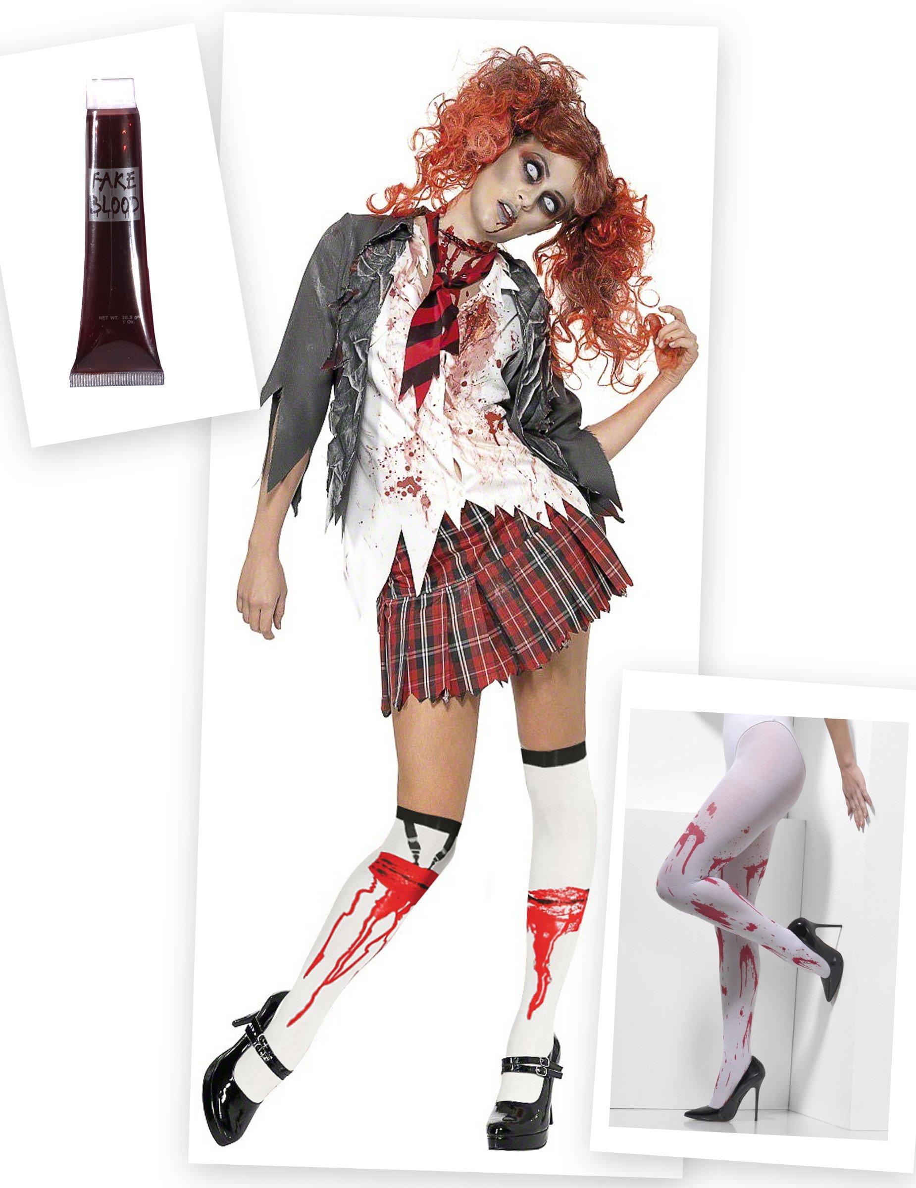 Zombie-Schülerin Damenkostüm-Set 3-teilig weiss-rot-grau