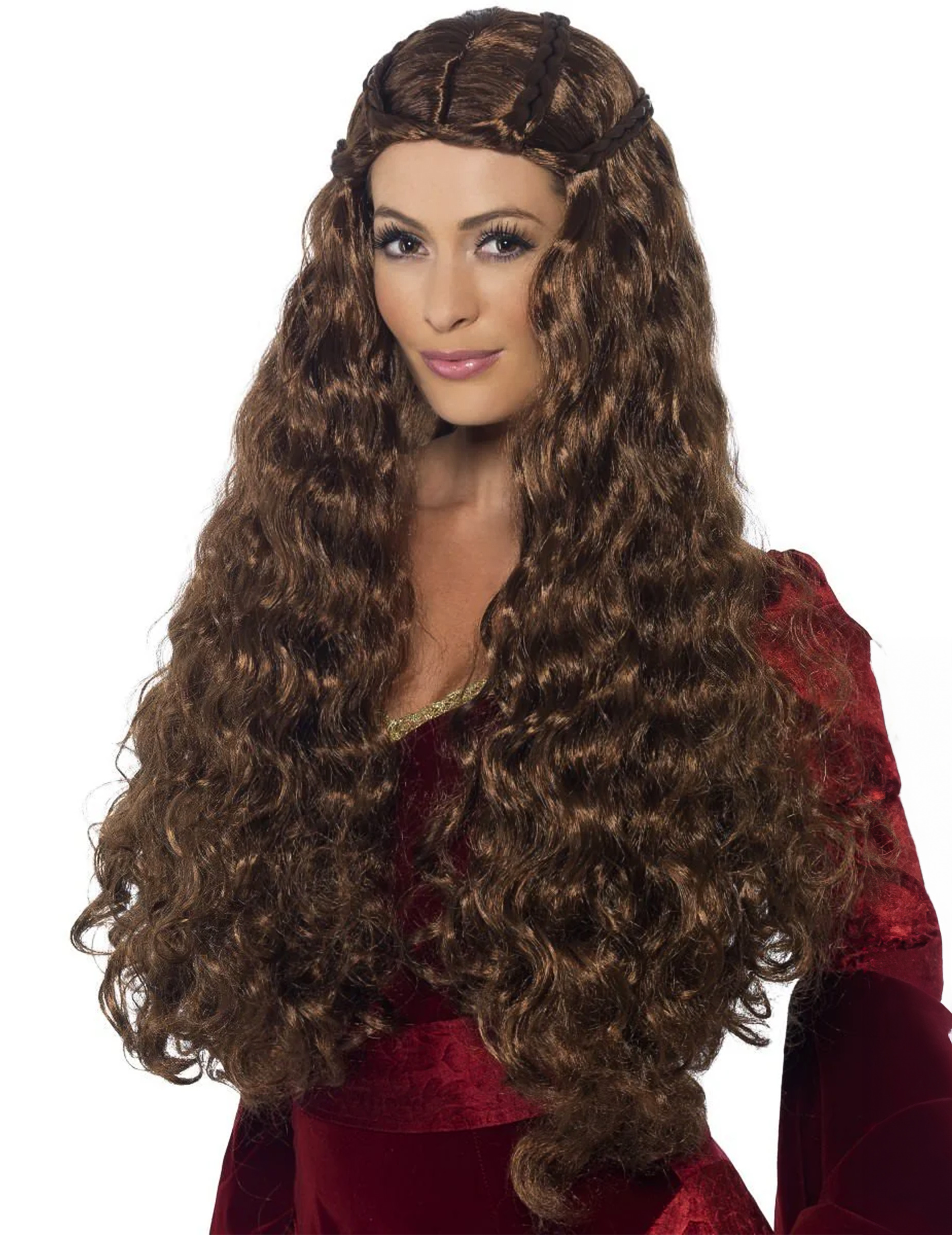 Mittelalter Langhaar-Perücke mit Zöpfen dunkelbraun