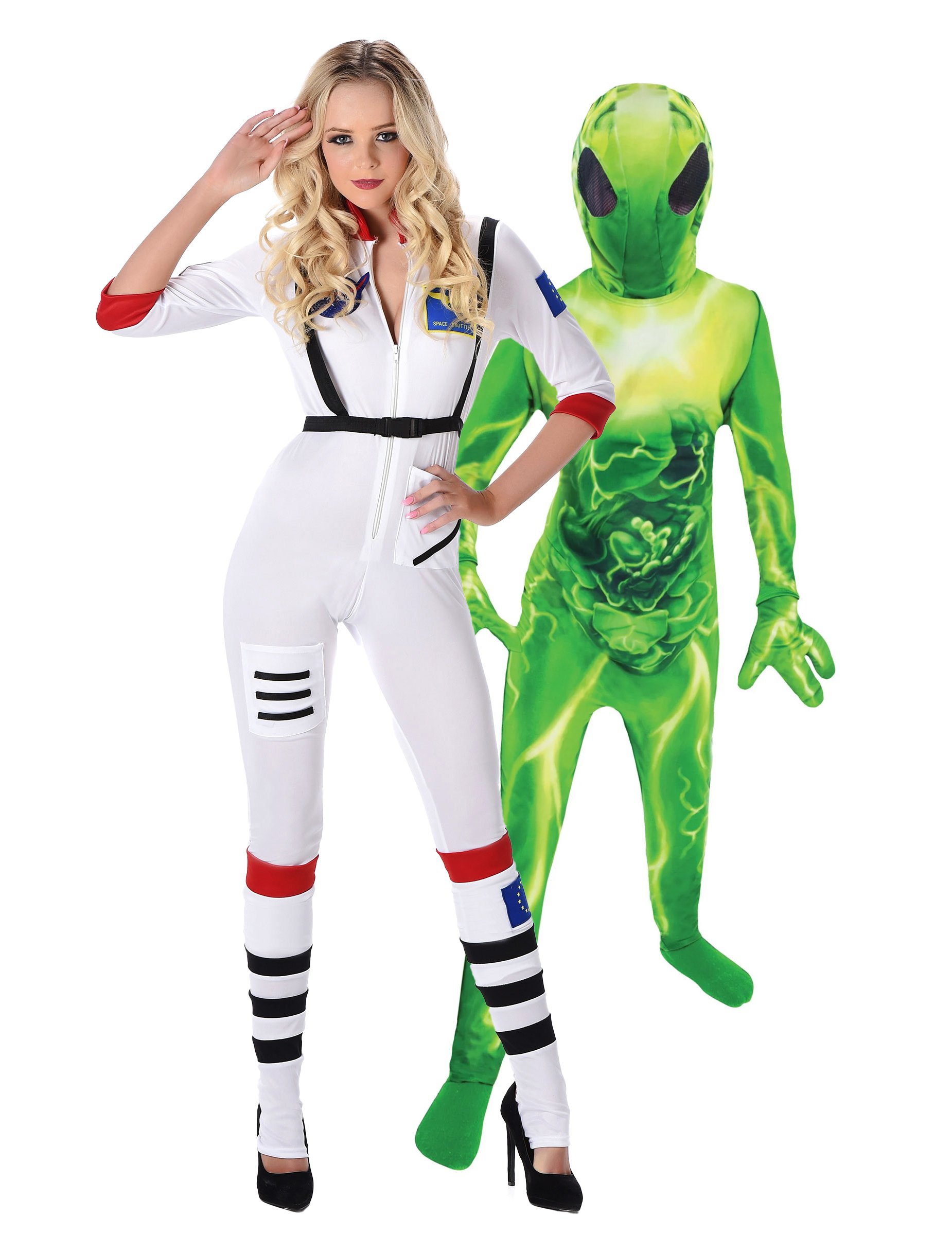 Paarkostüm Astronautin und Alien im All Grün-Weiß
